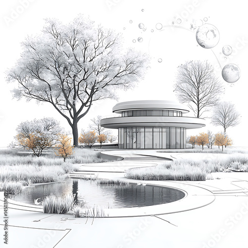 Obraz na płótnie A modern circular building sits beside a pond in a minimalist largely monochrome winter landscape with a few golden trees. w salonie