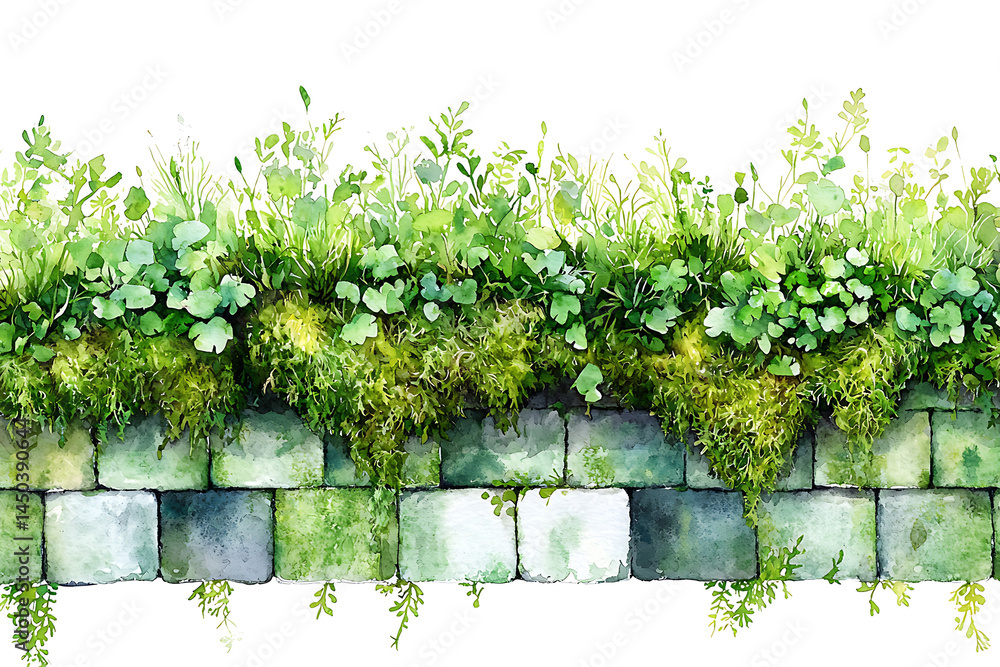 Watercolor illustration of a weathered stone wall overflowing with lush green moss and various delicate plants.