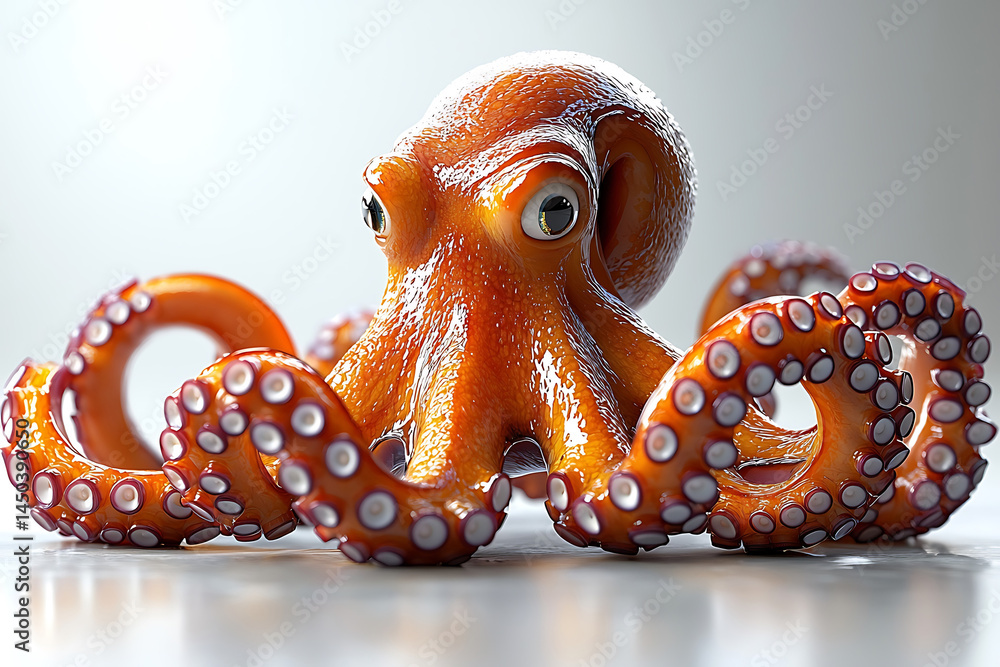 A glossy reddish-orange octopus with wide eyes and visible suckers resting on a reflective surface against a soft light background.