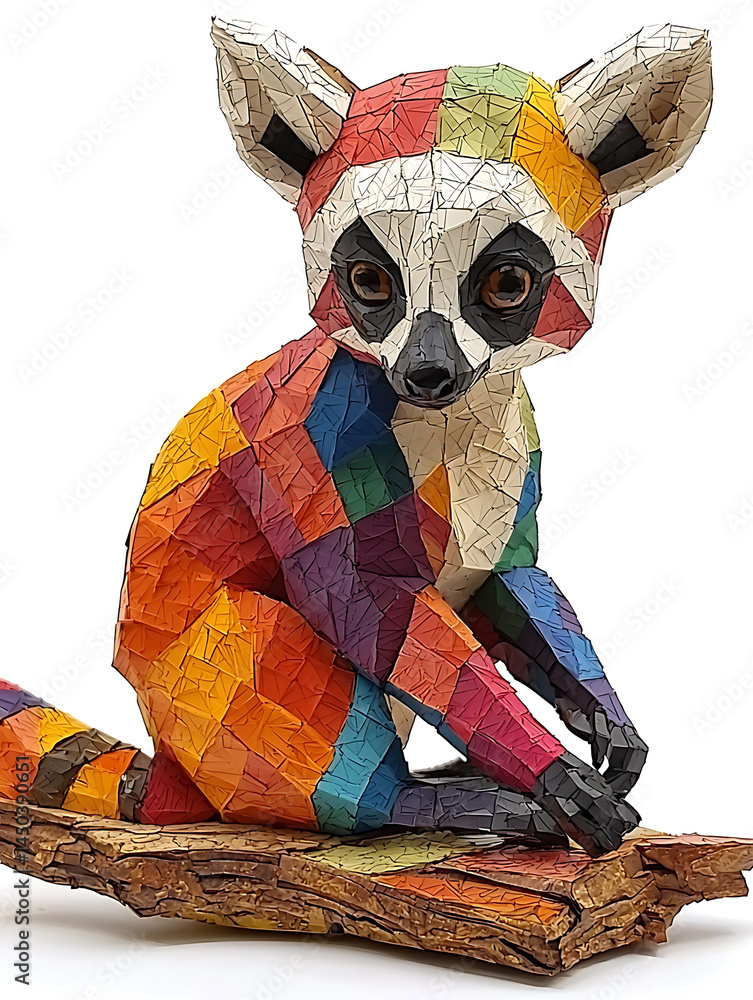 Colorful geometric lemur sculpture sitting on a branch with a mosaic-like patchwork of vibrant colors.