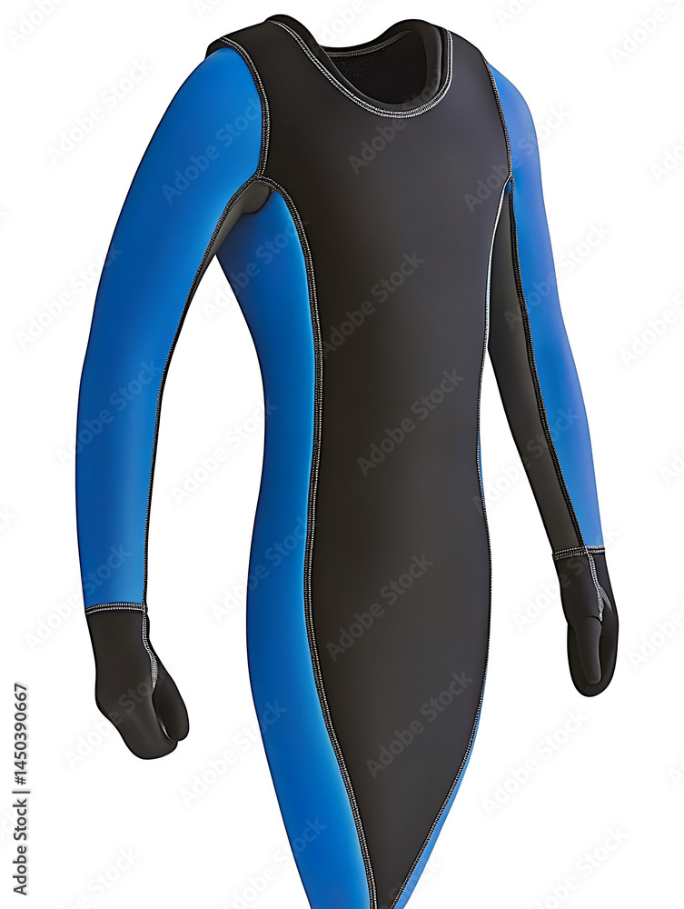 Blue and black wetsuit with long sleeves and gloves isolated on a white background designed for water sports.