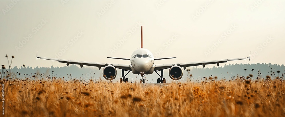 Low-angle shot of a passenger jet on a runway surrounded by golden dry grass against a soft hazy sky.