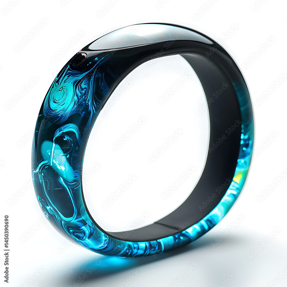 Shiny bangle with swirling blue and turquoise patterns encased in clear resin against a white background.