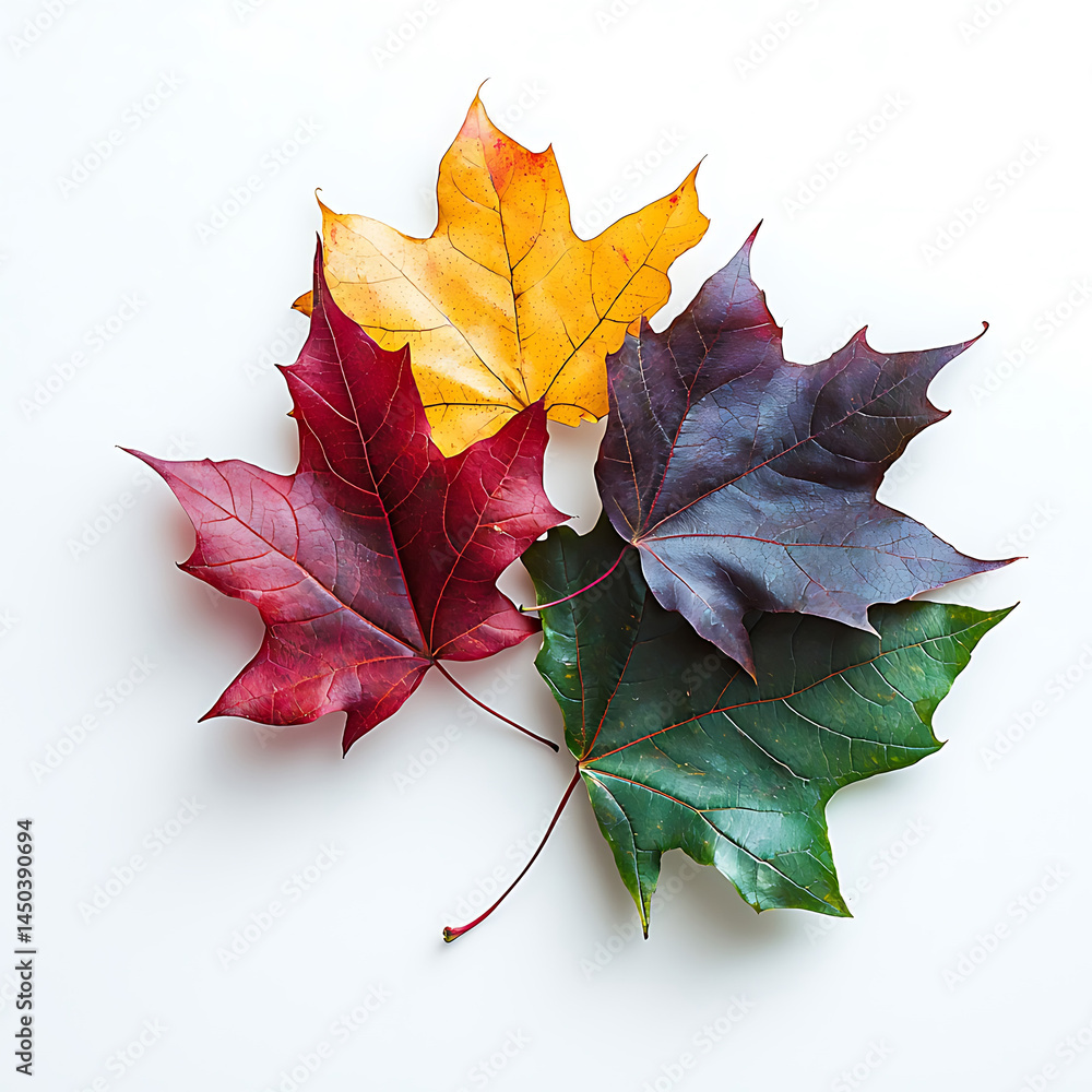 Four vibrant maple leaves displaying a spectrum of autumnal colors arranged against a clean white background.