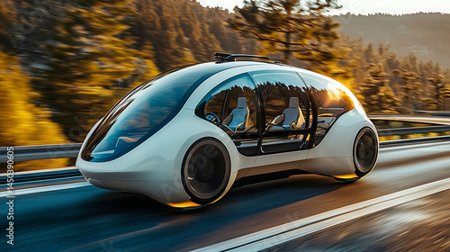 Sleek futuristic autonomous vehicle speeds along a highway surrounded by blurring trees and bathed in warm sunlight.