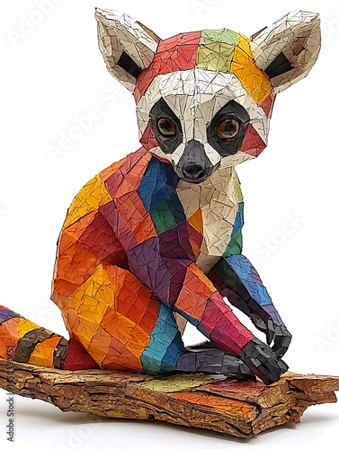 Obraz na płótnie Colorful geometric lemur sculpture sitting on a branch with a mosaic-like patchwork of vibrant colors. w salonie