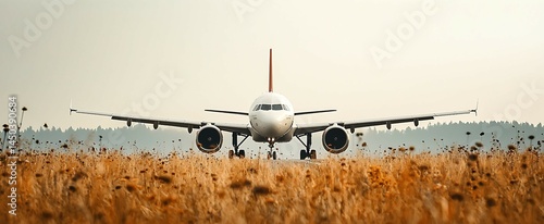 Obraz na płótnie Low-angle shot of a passenger jet on a runway surrounded by golden dry grass against a soft hazy sky. w salonie