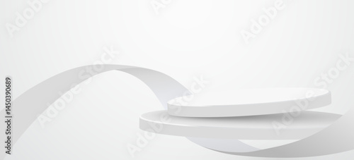 Abstract scene background. Cylinder podium background with ribbons. Product presentation, mock up, show cosmetic product, Podium, stage pedestal or platform.