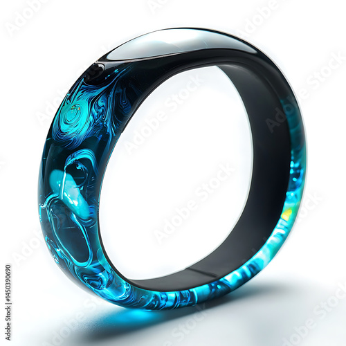 Obraz na płótnie Shiny bangle with swirling blue and turquoise patterns encased in clear resin against a white background. w salonie