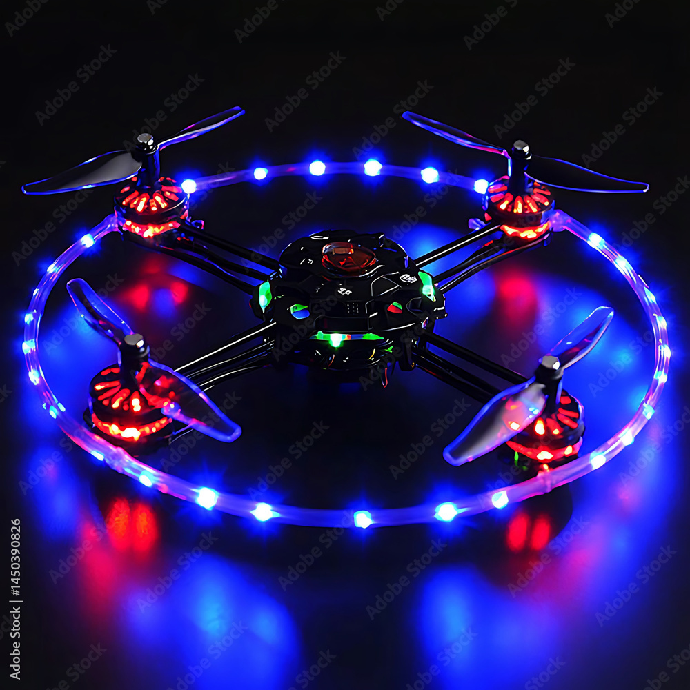 A quadcopter drone with illuminated LED lights encircling it showcasing its vibrant colors against a dark background.