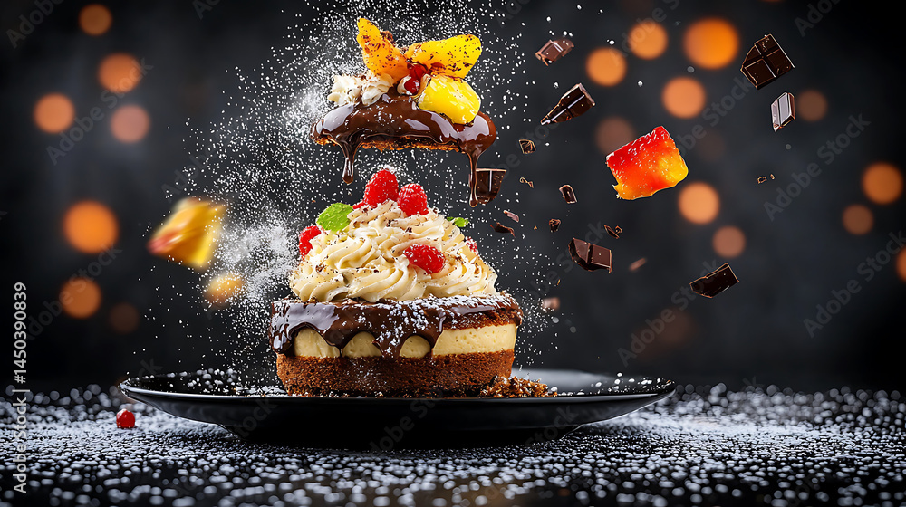 A beautifully decorated dessert with fruit chocolate and powdered sugar suspended mid-air against a bokeh background.