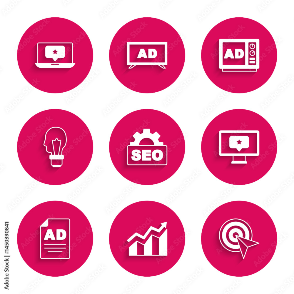 Set SEO optimization, Financial growth increase, Target, Monitor with star, Advertising, Light bulb concept of idea, and Laptop icon. Vector Set SEO optimization, Financial growth increase, Target, Monitor with star, Advertising, Light bulb concept of idea, and Laptop icon. Vector