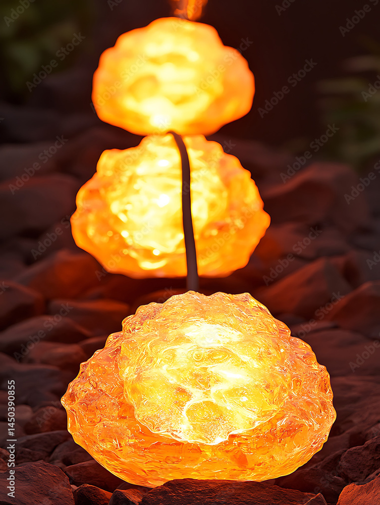 Glowing orange nuggets are stacked on a dark surface illuminated from within with a slender dark line connecting them.