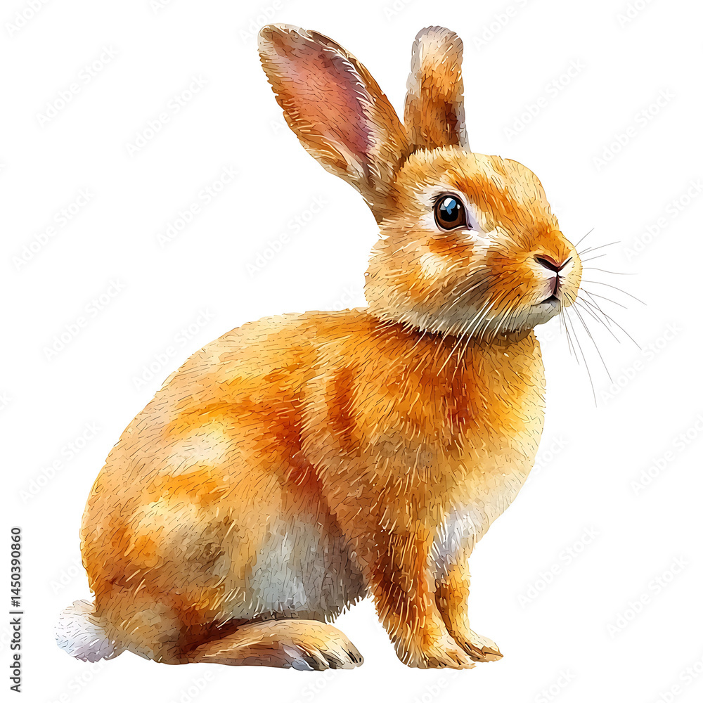 Golden-brown rabbit with upright ears and delicate whiskers captured in a detailed realistic watercolor style against a white background.