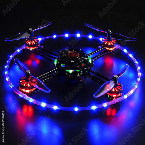 Obraz na płótnie A quadcopter drone with illuminated LED lights encircling it showcasing its vibrant colors against a dark background. w salonie