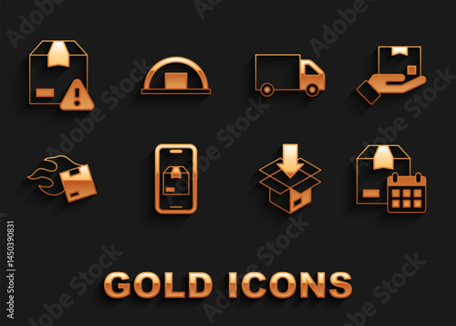 Set Mobile app delivery tracking, Delivery hand with box, Cardboard calendar, Carton cardboard, cargo truck, security shield and Warehouse icon. Vector