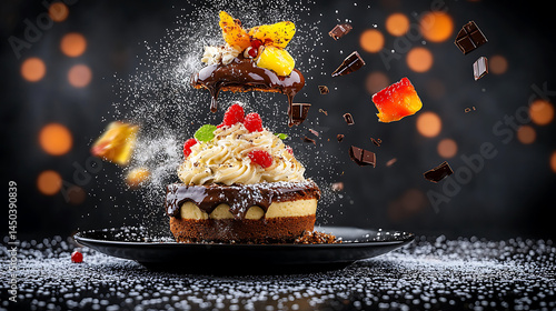 Obraz na płótnie A beautifully decorated dessert with fruit chocolate and powdered sugar suspended mid-air against a bokeh background. w salonie