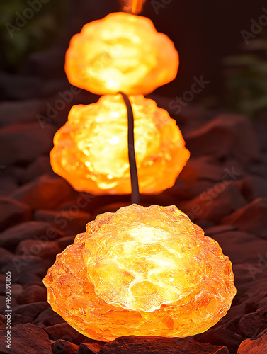 Glowing orange nuggets are stacked on a dark surface illuminated from within with a slender dark line connecting them.