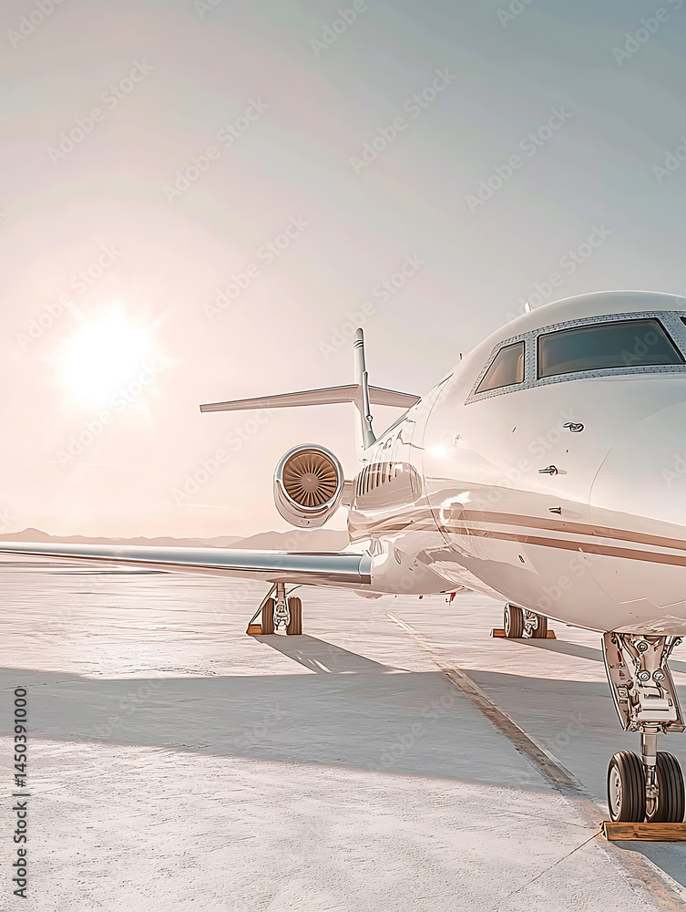 A private jet gleams on the tarmac under a bright hazy sun hinting at luxurious travel.