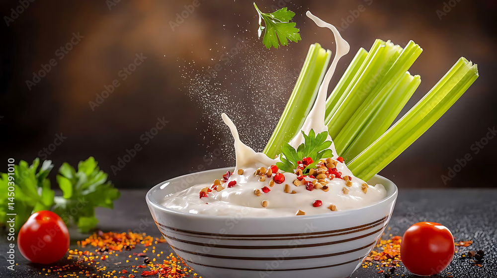 Creamy dip splashes with celery and herbs sprinkled with colorful spices and a backdrop of tomatoes.