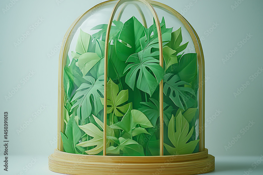 Paper cut tropical leaves fill a wooden-framed glass dome creating a miniature stylized indoor jungle.