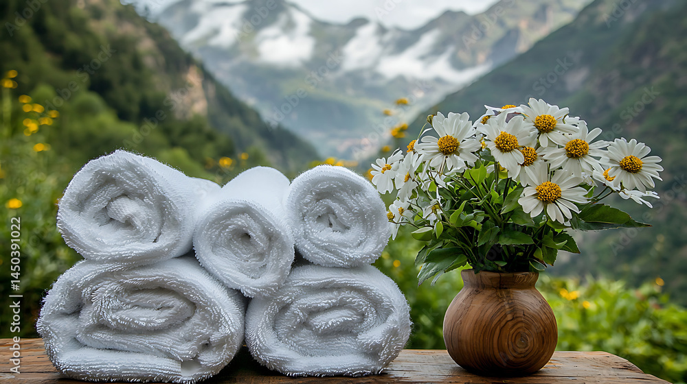Rolled towels and daisies in a vase sit against a backdrop of lush green mountains and blurred sky.