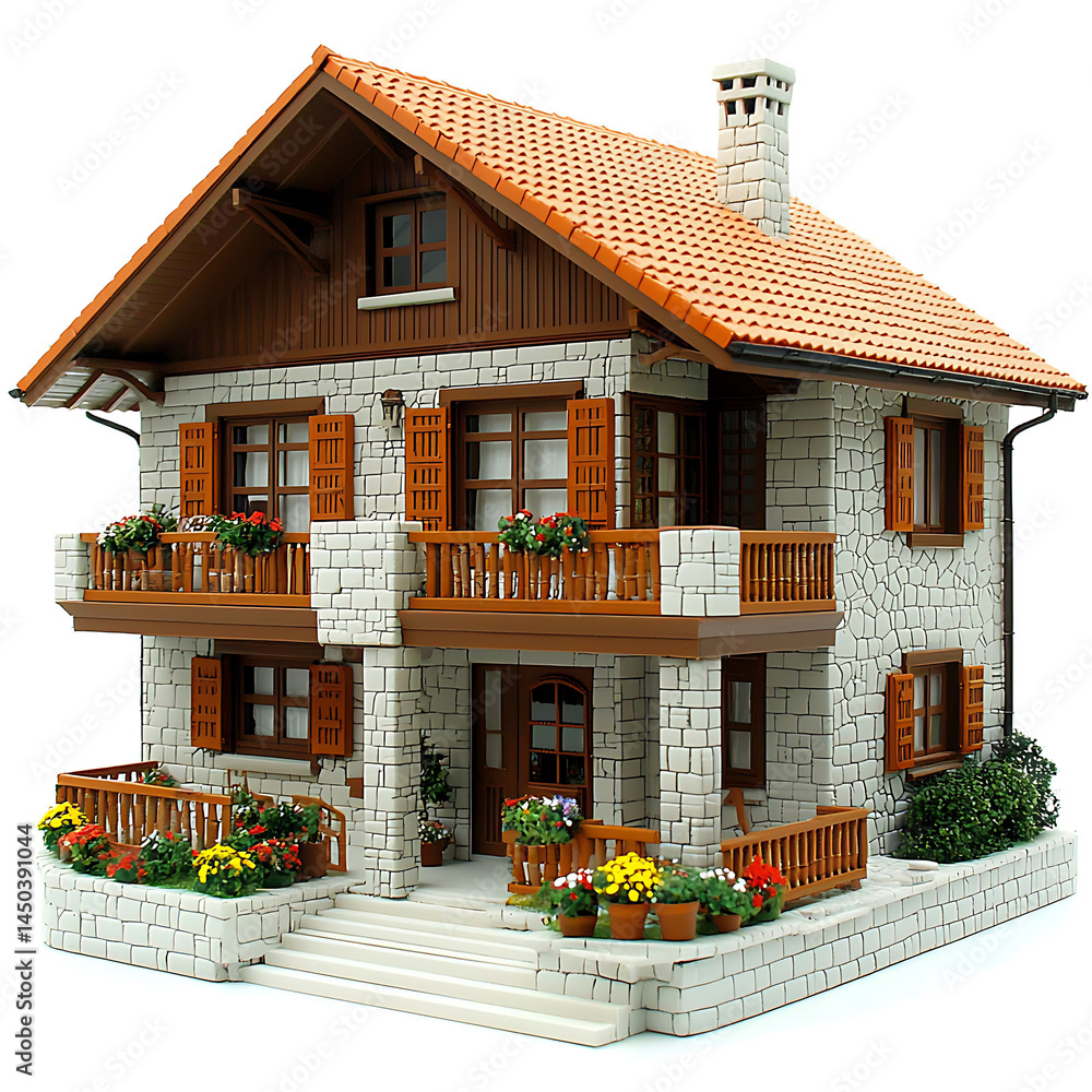 Two-story house with stone facade brown wood trim a terracotta tiled roof and colorful flower boxes on the balconies.
