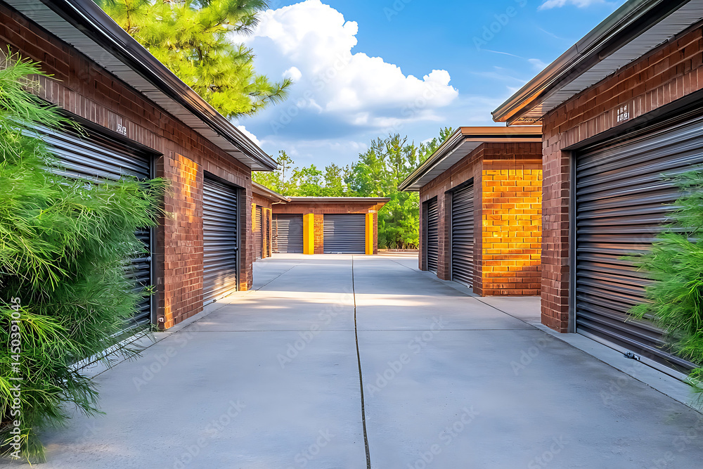 Brick storage units line a concrete path under a bright sky with fluffy clouds surrounded by greenery.