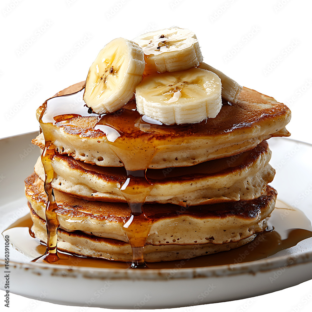 Fluffy stack of golden pancakes drizzled with syrup topped with fresh banana slices on a plate.