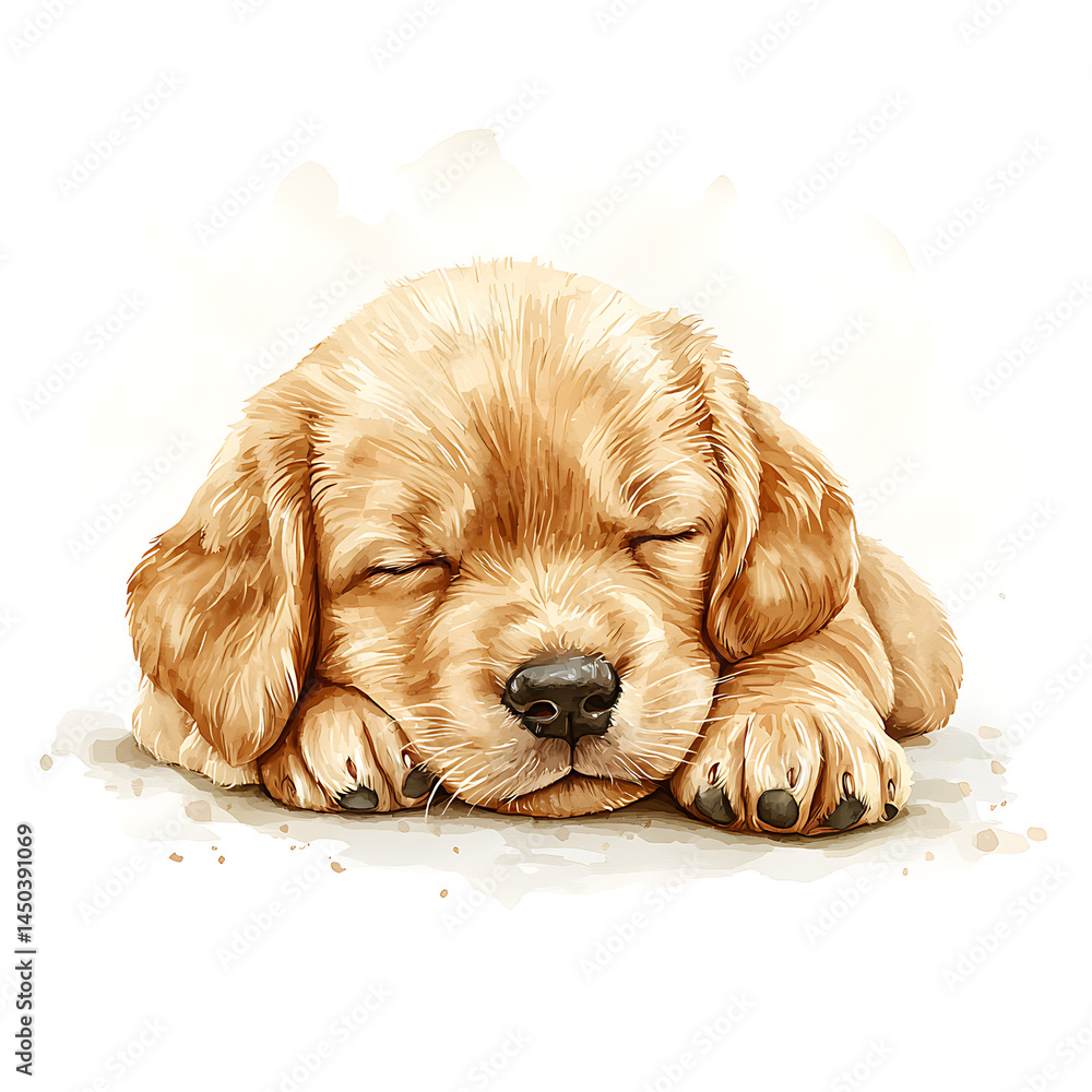 Golden puppy watercolor painting: a charming illustration of a young fluffy canine peacefully slumbering its paws gently tucked beneath.