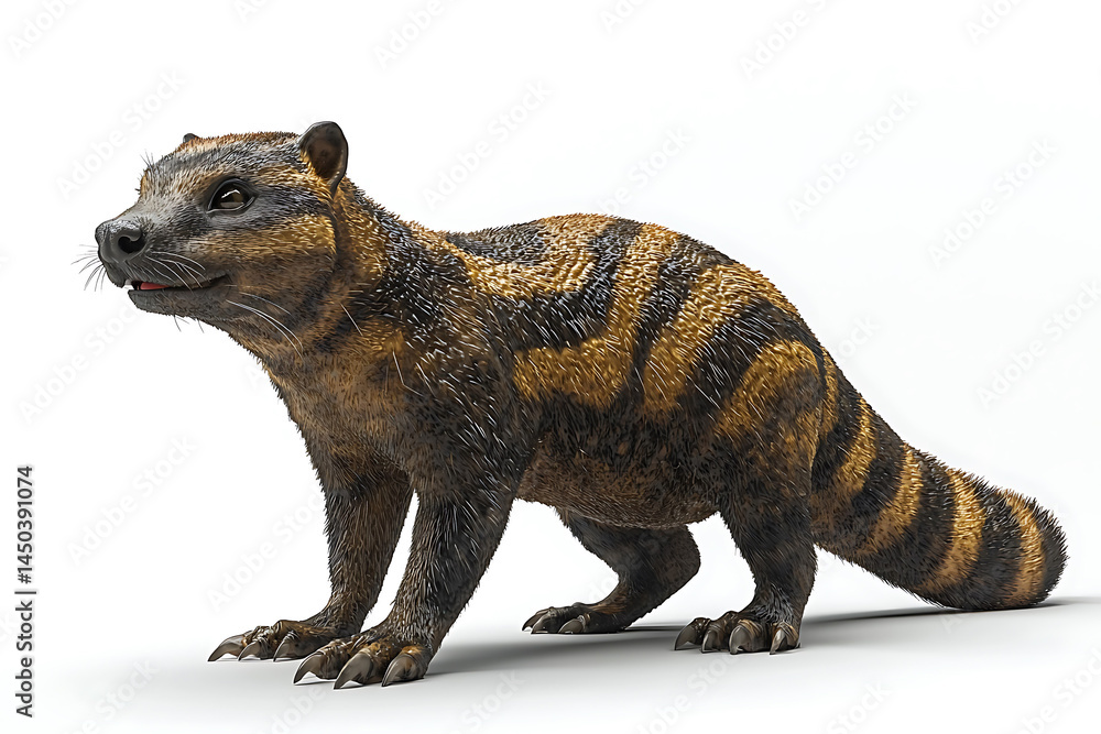 A furry brown and striped mammal with a long tail stands against a plain white background looking inquisitive.
