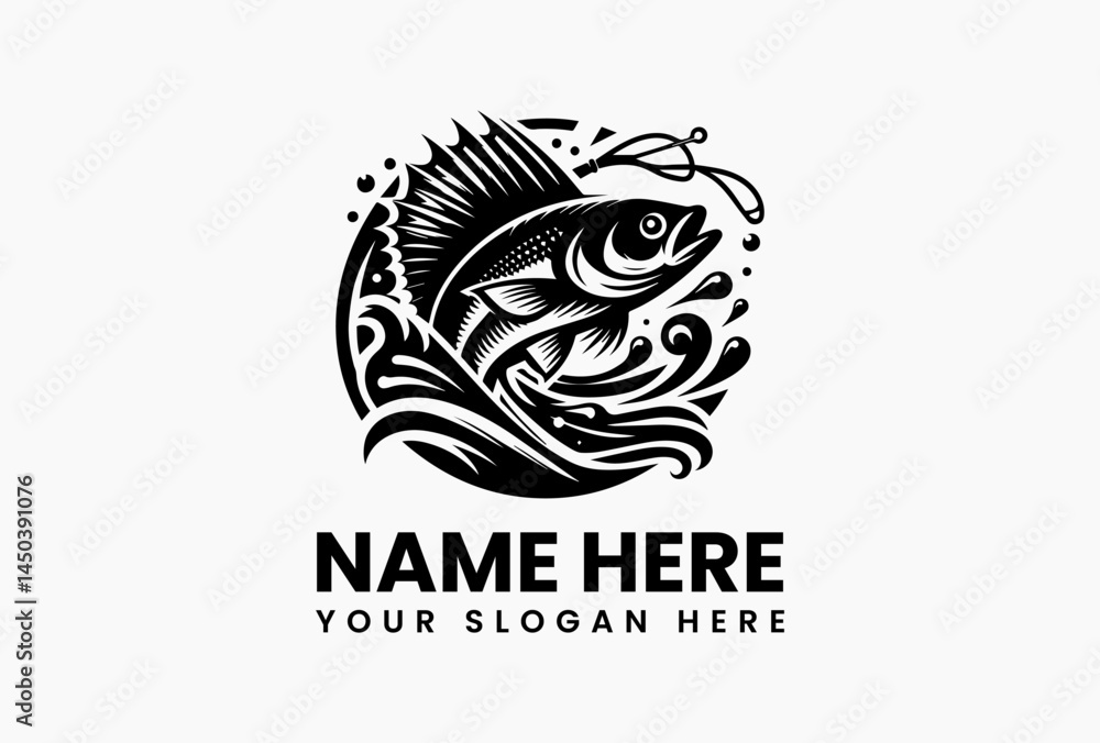 Obraz premium Stylized fishing scene vector logo with fish, water ripple, and hook elements, bold outdoor illustration isolated on white background for sports and hobby branding 
