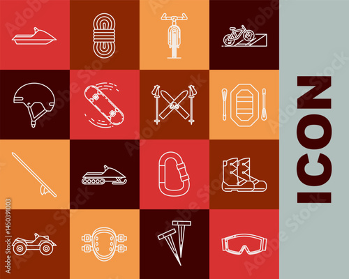 Set line Ski goggles, Boots, Rafting boat, Bicycle, Skateboard trick, Helmet, Jet ski and and sticks icon. Vector