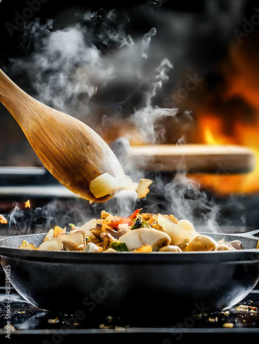 A chef uses a wooden spoon to stir a steaming pan of vegetables over a hot stove in a busy kitchen.