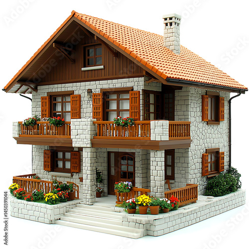 Two-story house with stone facade brown wood trim a terracotta tiled roof and colorful flower boxes on the balconies.