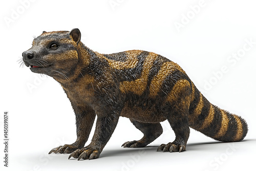 Obraz na płótnie A furry brown and striped mammal with a long tail stands against a plain white background looking inquisitive. w salonie