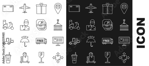 Set line Cardboard box with traffic symbol, Computer monitor app delivery tracking, Container crane, Gift, Delivery man cardboard boxes, Scooter, Envelope and Pizza icon. Vector
