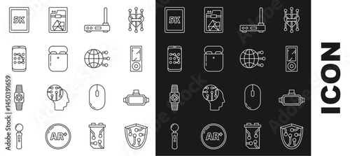 Set line Cyber security, Music player, Router and wi-fi signal, Air headphones in box, Mobile graphic password protection, Tablet with text 5k and Global technology social network icon. Vector