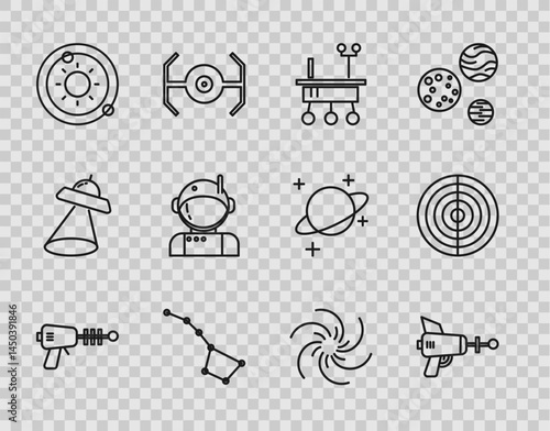Set line Ray gun, Mars rover, Great Bear constellation, Solar system, Astronaut, Black hole and Earth structure icon. Vector