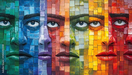 Emotionrich portrait mosaic in rainbow pattern, faces showing anger, doubt, surprise, and sadness, harmony of emotion and color, clean digital design, 8K resolution