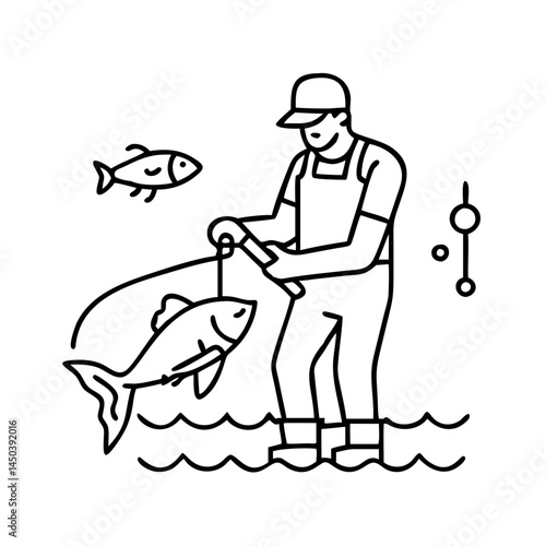 fisherman cleaning a fish icon, fisherman cleaning a fish line art - simple line art of fisherman cleaning a fish, perfect for fisherman cleaning a fish logos and icons