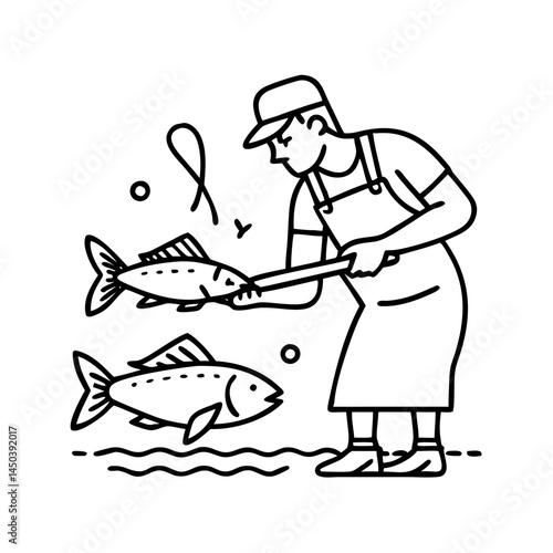 fisherman cleaning a fish icon, fisherman cleaning a fish line art - simple line art of fisherman cleaning a fish, perfect for fisherman cleaning a fish logos and icons