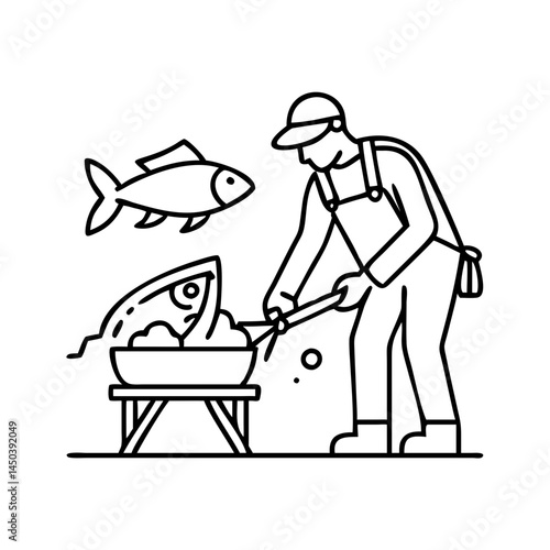 fisherman cleaning a fish icon, fisherman cleaning a fish line art - simple line art of fisherman cleaning a fish, perfect for fisherman cleaning a fish logos and icons