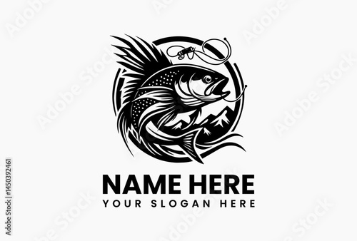 Stylized fishing scene vector logo with fish, water ripple, and hook elements, bold outdoor illustration isolated on white background for sports and hobby branding  