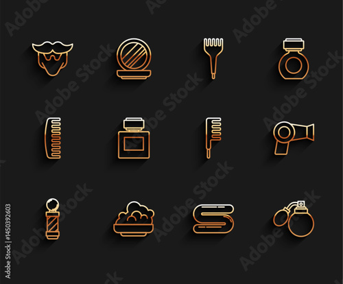Set line Classic Barber shop pole, Shaving gel foam, Mustache and beard, Towel, Aftershave bottle with atomizer, Hair dryer and Hairbrush icon. Vector