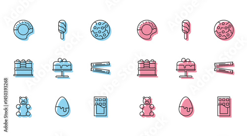 Set line Jelly bear candy, Chocolate egg, Donut, bar, Cake plate, Sugar stick packets, and Ice cream icon. Vector