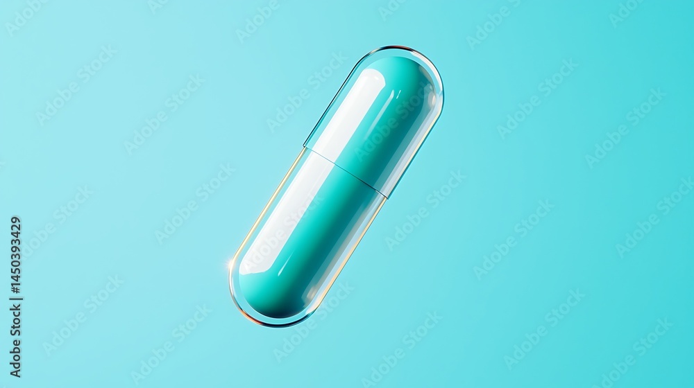 A turquoise capsule pill floats against a matching blue background, symbolizing medicine and healthcare in a clean, modern style. A turquoise capsule pill floats against a matching blue background, symbolizing medicine and healthcare in a clean, modern style.