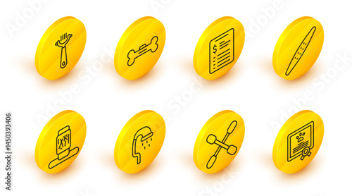 Set line Certificate for dog or cat, Cotton swab ears, Pet shower, Cat scratching post, Nail file pet, Grooming salon price list, Dog bone and Hair brush and icon. Vector