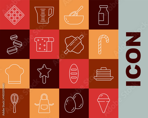 Set line Ice cream in waffle cone, Stack of pancakes, Christmas candy cane, Kitchen whisk bowl, Bread toast, Macaron cookie, Waffle and Rolling pin dough icon. Vector