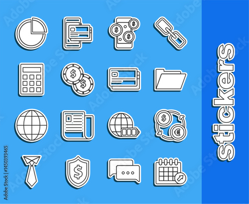 Set line Calendar, Money exchange, Document folder, Smartphone with dollar symbol, Coin money, Calculator, Pie chart infographic and Credit card icon. Vector